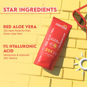 Clensta Red Aloe Vera Ultra Matte Sunscreen with 1% Hyaluronic Acid and SPF 50 PA++++ UVA/UVB 5th image of ingredients.
