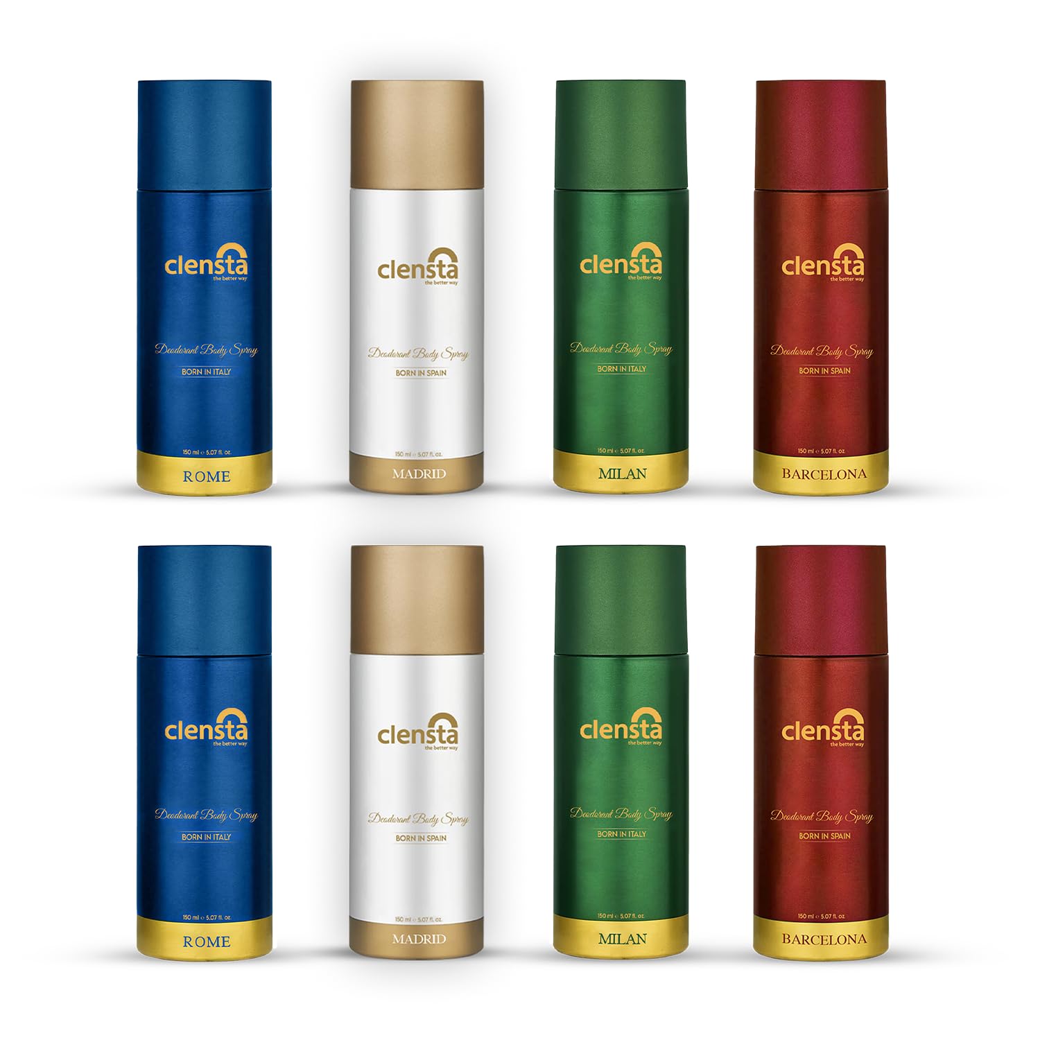 Clensta Deodorant for Men Combo Pack of 8 Body Spray 150ml x 8 | Long Lasting | Gift for Men Boyfriend Husband (Milan, Rome, Barcelona, Madrid)