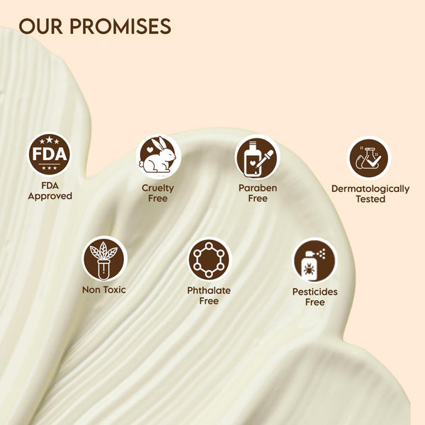 Clensta rice water glass skin face wash with 2% ceramide 5th image of    our promises. Text reads FDA approved, cruelty free, paraben free, dermatologically tested, non toxic, phthalate free, pesticides free.