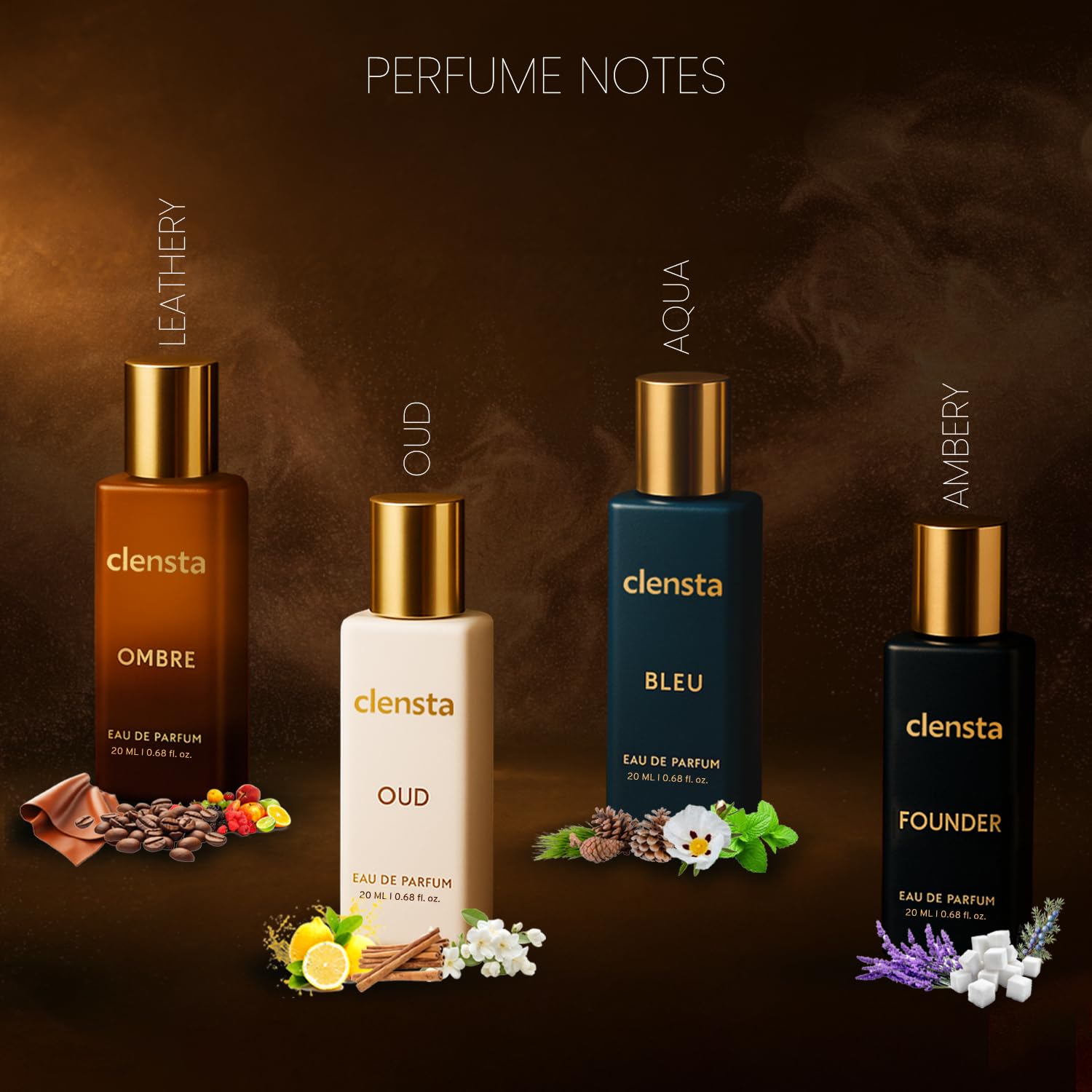 Clensta Luxury Eau De Parfum Combo Pack of 4 x 20ml EDP Perfume for Man Long Lasting | Perfume Gift Set for Men Boyfriend Husband | Bleu, Founder, Ombre, Oud