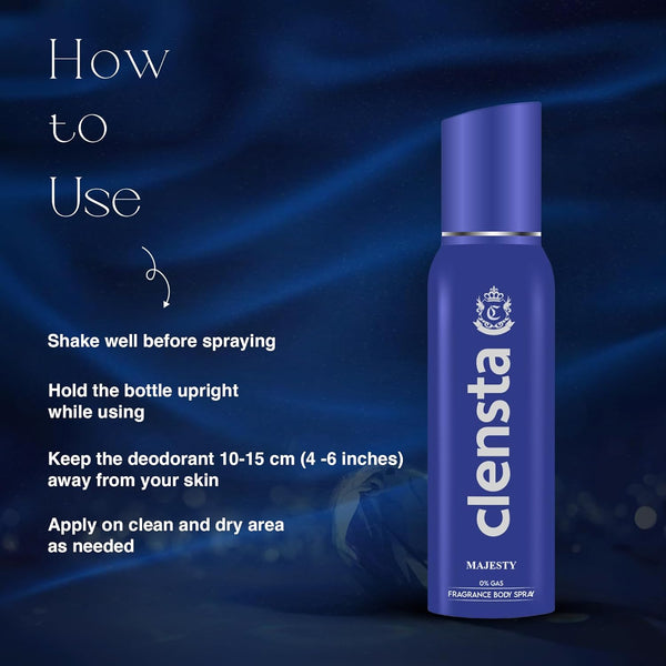 Clensta 0% No Gas Deodorant Combo for Men (Duke, Majesty, Noble, Emperor) 150ml Each | Long Lasting Body Spray | No Gas | Pack of 4