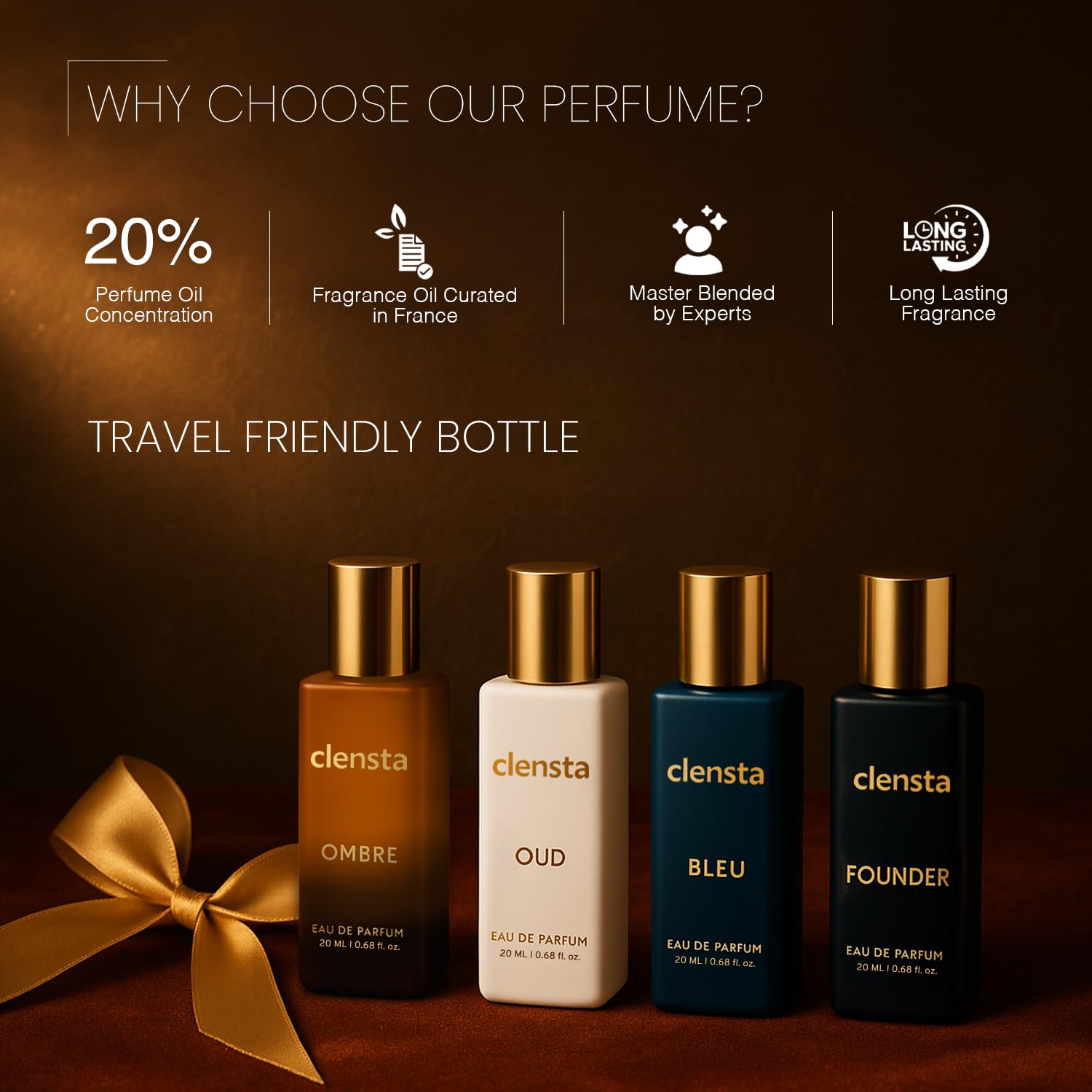 Clensta Luxury Eau De Parfum Combo Pack of 4 x 20ml EDP Perfume for Man Long Lasting | Perfume Gift Set for Men Boyfriend Husband | Bleu, Founder, Ombre, Oud