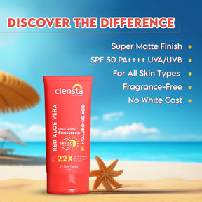 Clensta Red Aloe Vera Ultra Matte Sunscreen with 1% Hyaluronic Acid and SPF 50 PA++++ UVA/UVB 3rd image of difference.