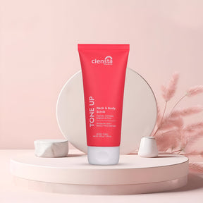 Clensta Tone Up Neck & Body Scrub Enriched With 3% Glycolic Acid & Hibiscus Petal Exfoliator front image.