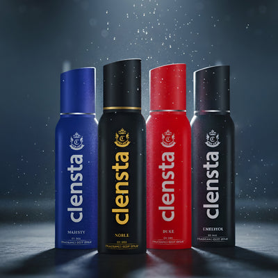 Clensta 0% No Gas Deodorant Combo for Men (Duke, Majesty, Noble, Emperor) 150ml Each | Long Lasting Body Spray | No Gas | Pack of 4 front image.