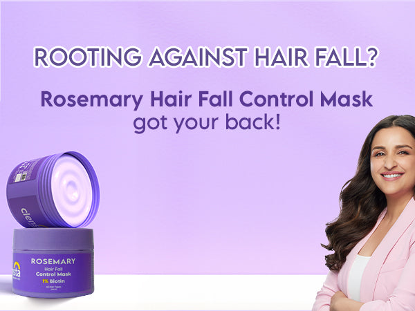 Clensta Rosemary Hair Fall Control Mask With 1% Biotin A+ first Mobile banner with Parineeti Chopra. Text reads rooting against hair fall? rosemary hair fall control mask got your back.