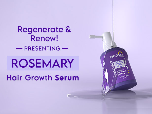 Clensta Rosemary Redensyl Hair Growth Serum with 4% Anagain A+ first mobile banner. Text reads regenerate & renew presenting rosemary hair growth serum.