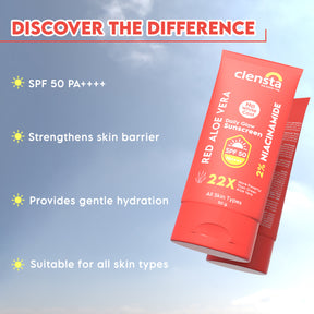 Clensta Red Aloe Vera Daily Glow Sunscreen With 2% Niacinamide and SPF 50 PA++++, 3rd image of benefits.