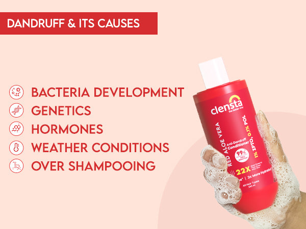 Clensta Red Aloe Vera Anti-Dandruff Conditioner With 1% ZPTO & 0.1% POL, A+ 2nd mobile banner of dandruff & its causes.