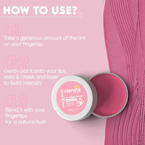 Clensta Lush & Blush Lip, Cheek & Eye Tint Pink Forever 03 With Vitamin E & Castor Oil 4th image of how to use.