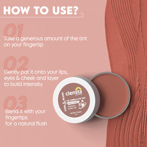 Clensta Lush & Blush Lip, Cheek & Eye Tint Coral Crush 06 With Vitamin E & Castor Oil 5th image of how to use.