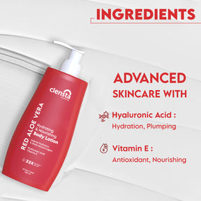 Clensta Red Aloe Vera Hydrating & Nourishing Body Lotion With Hyaluronic Acid & Vitamin E for Skin Hydration & Nourishment 3rd image of ingredients.