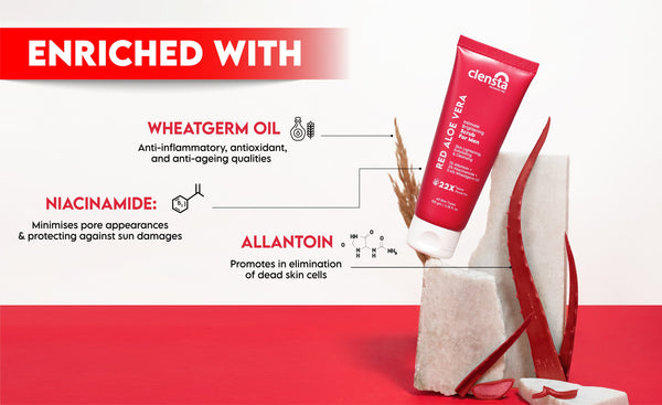 Clensta Intimate Brightening Scrub For Men With 1% Allantoin, 2% Niacinamide & 0.4% Wheatgerm Oil A+ 3rd Mobile banner of ingredients.