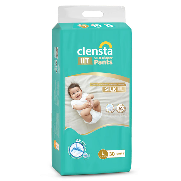 One pack of Clensta IIT Silk diaper pants (size L, 30 pants each) shown front-facing on a white background; packaging includes baby image and product badges. 7th image.