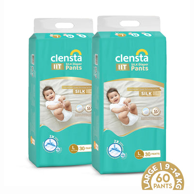 Two packs of Clensta IIT Silk diaper pants (size L, 9–14 kg, 30 pants each; total 60 pants) shown front-facing on a white background with baby image and product badges. 1st image.