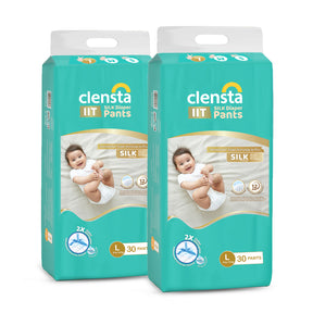 Two packs of Clensta IIT Silk diaper pants (size L, 30 pants each) shown front-facing on a white background; packaging includes baby image and product badges. 7th image.