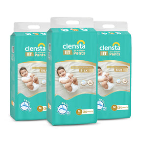 Three packs of Clensta IIT Silk diaper pants (size M, 34 pants each) shown front-facing on a white background; packaging includes baby image and product badges.