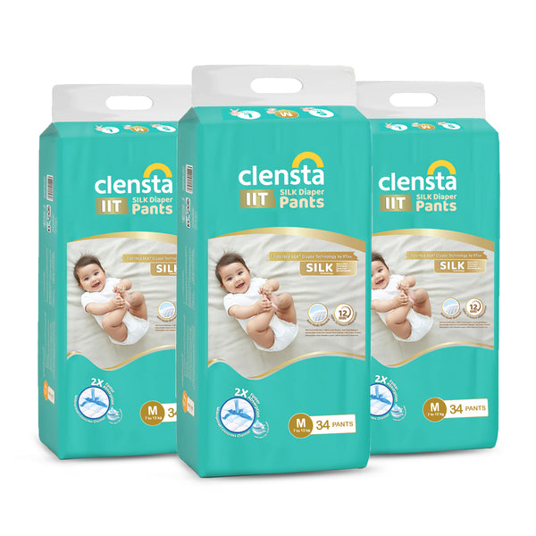 Three packs of Clensta IIT Silk diaper pants (size M, 34 pants each) shown front-facing on a white background; packaging includes baby image and product badges.