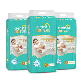 Three packs of Clensta IIT Silk diaper pants (size L, 30 pants each) shown front-facing on a white background; packaging includes baby image and product badges. 7th image.