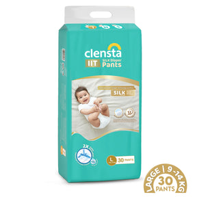 One pack of Clensta IIT Silk diaper pants (size L, 9–14 kg, 30 pants each) shown front-facing on a white background with baby image and product badges. 1st image.