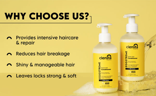 Eggstreme Repair Hair Conditioner With 0.10% Egg Protein Extract, 0.02% Hydrolyzed Silk Protein, 0.01% Biotin, A+ 2nd web banner of benefits.