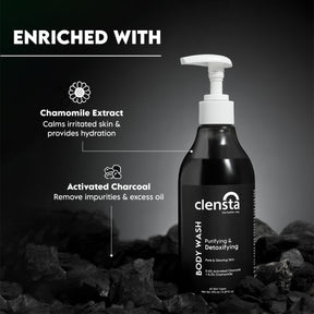 Clensta Purifying & Detoxifying Body Wash With 0.4% Activated Charcoal & 0.3% Chamomile Extract 2nd image of ingredients.