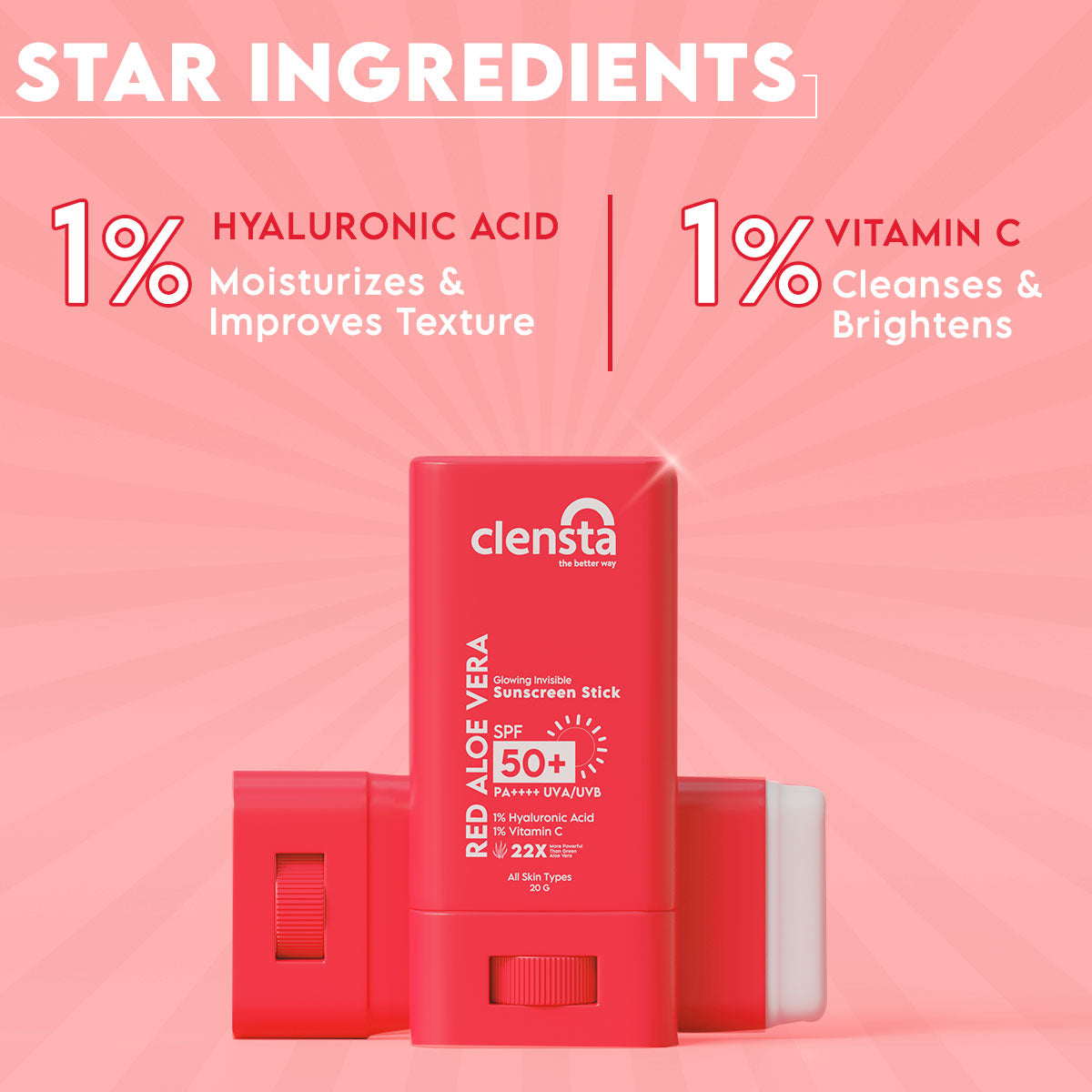 Red Aloe Vera Sun Stick with 1% Hyaluronic Acid & 1% Vitamin C for Sun Protection, Enhanced Moisture & Radiant Glow
