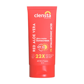 Clensta Red Aloe Vera Ultra Matte Sunscreen with 1% Hyaluronic Acid and SPF 50 PA++++ UVA/UVB 9th image with white background.