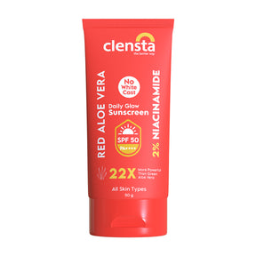 Clensta Red Aloe Vera Daily Glow Sunscreen With 2% Niacinamide and SPF 50 PA++++, 9th image with white background.