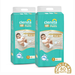 Two pack of Clensta IIT Silk diaper pants (size S, 5–8 kg, 40 pants each) shown front-facing on a white background with baby image and product badges. 1st image.