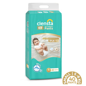 One pack of Clensta IIT Silk diaper pants (size S, 5–8 kg, 40 pants) shown front-facing on a white background with baby image and product badges. 1st image.