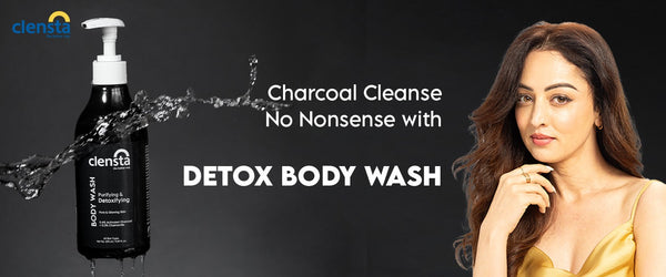 Clensta Purifying & Detoxifying Body Wash With 0.4% Activated Charcoal & 0.3% Chamomile Extract, A+ first web banner.