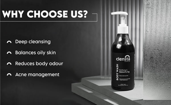 Clensta Purifying & Detoxifying Body Wash With 0.4% Activated Charcoal & 0.3% Chamomile Extract, A+ 2nd Mobile banner of benefits.