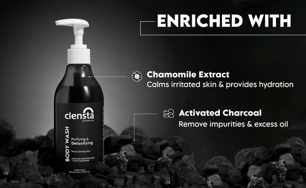Clensta Purifying & Detoxifying Body Wash With 0.4% Activated Charcoal & 0.3% Chamomile Extract, A+ 3rd web banner of ingredients.