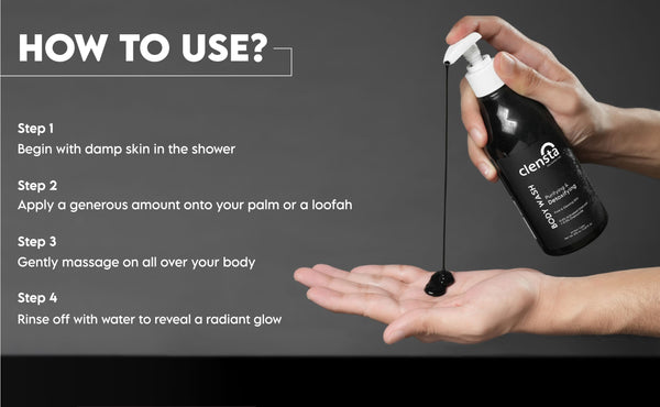 Clensta Purifying & Detoxifying Body Wash With 0.4% Activated Charcoal & 0.3% Chamomile Extract, A+ 4th web banner of how to use.