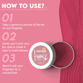 Clensta Lush & Blush Lip, Cheek & Eye Tint Berry Bliss 01 With Vitamin E & Castor Oil, 5th image of how to use