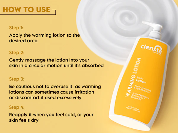 Clensta Warming Body Lotion With Ginger Oil, Shea Butter, and Peptides, A+ 5th mobile banner of how to use.