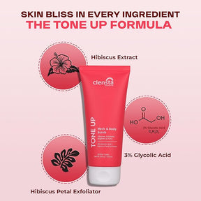 Clensta Tone Up Neck & Body Scrub Enriched With 3% Glycolic Acid & Hibiscus Petal Exfoliator 3rd image of ingredients.