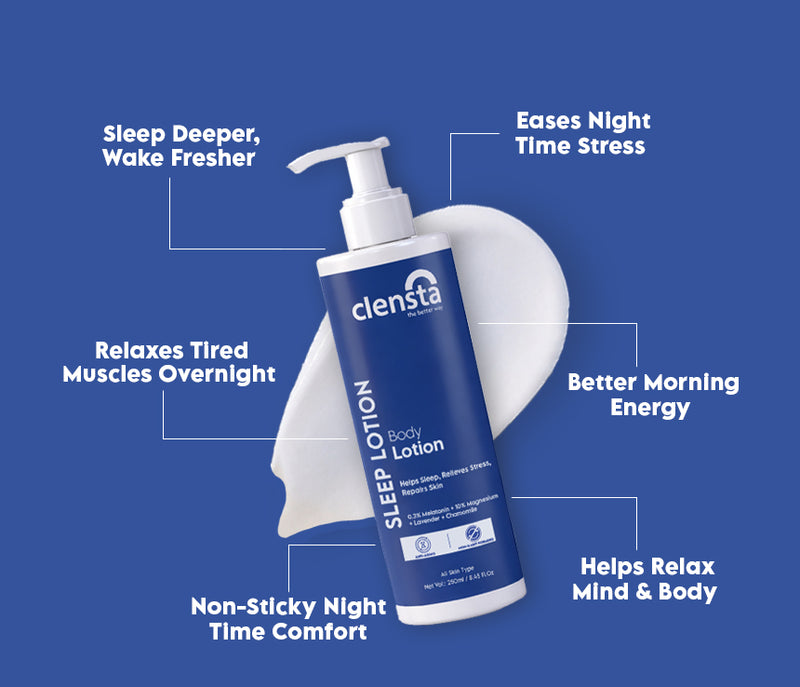 Clensta Sleep Body Lotion bottle with calming lavender flowers and moonlight ambiance showing peaceful sleep